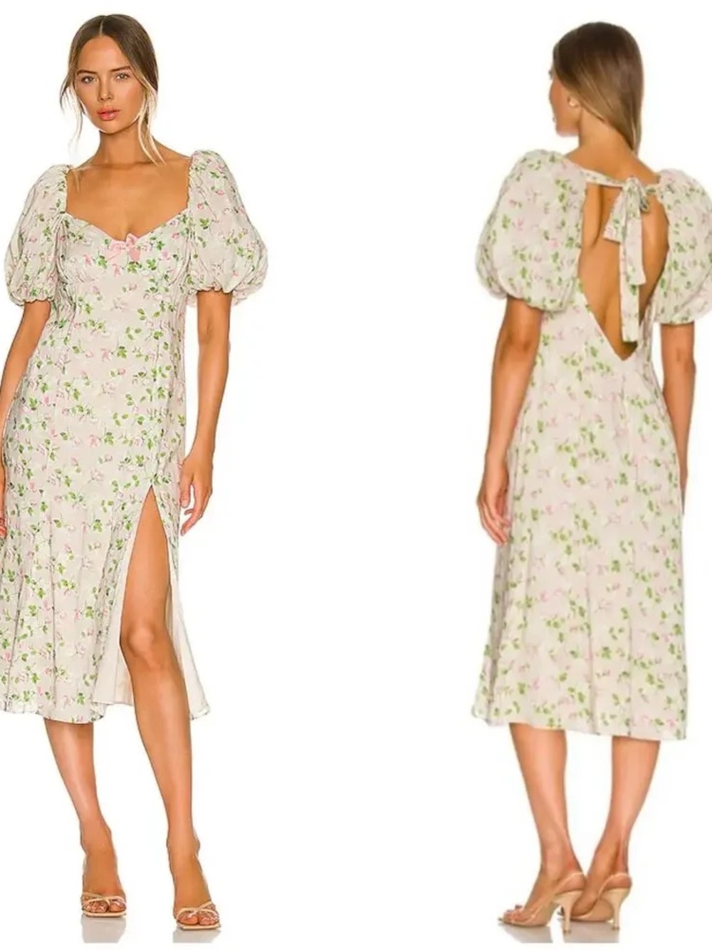 LPA Floral Puff-Sleeve Backless Slit Midi Dress in Light Cream